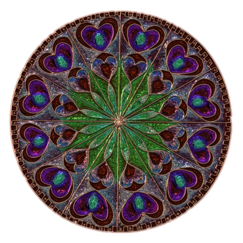 Colorful circular mandala art with heart-shaped patterns in purple, blue, and green symmetrical design